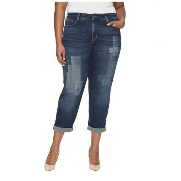 NYDJ Boyfriend Jeans LiftxTuck Embroidered Patches Cuffed Women’s Plus Size 24W - Picture 1 of 14
